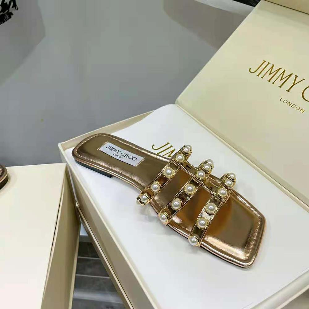 Jimmy Choo Women Hazal Flat Gold Liquid Metal Leather Flats with Pearl Studs - image 7