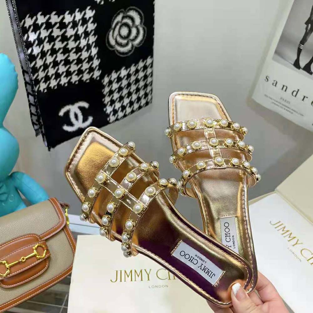 Jimmy Choo Women Hazal Flat Gold Liquid Metal Leather Flats with Pearl Studs - image 5