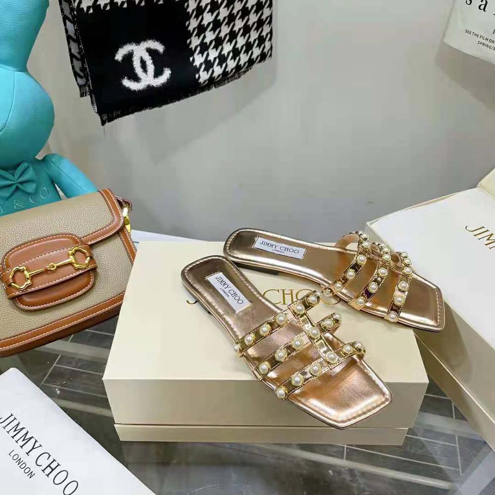 Jimmy Choo Women Hazal Flat Gold Liquid Metal Leather Flats with Pearl Studs - image 4