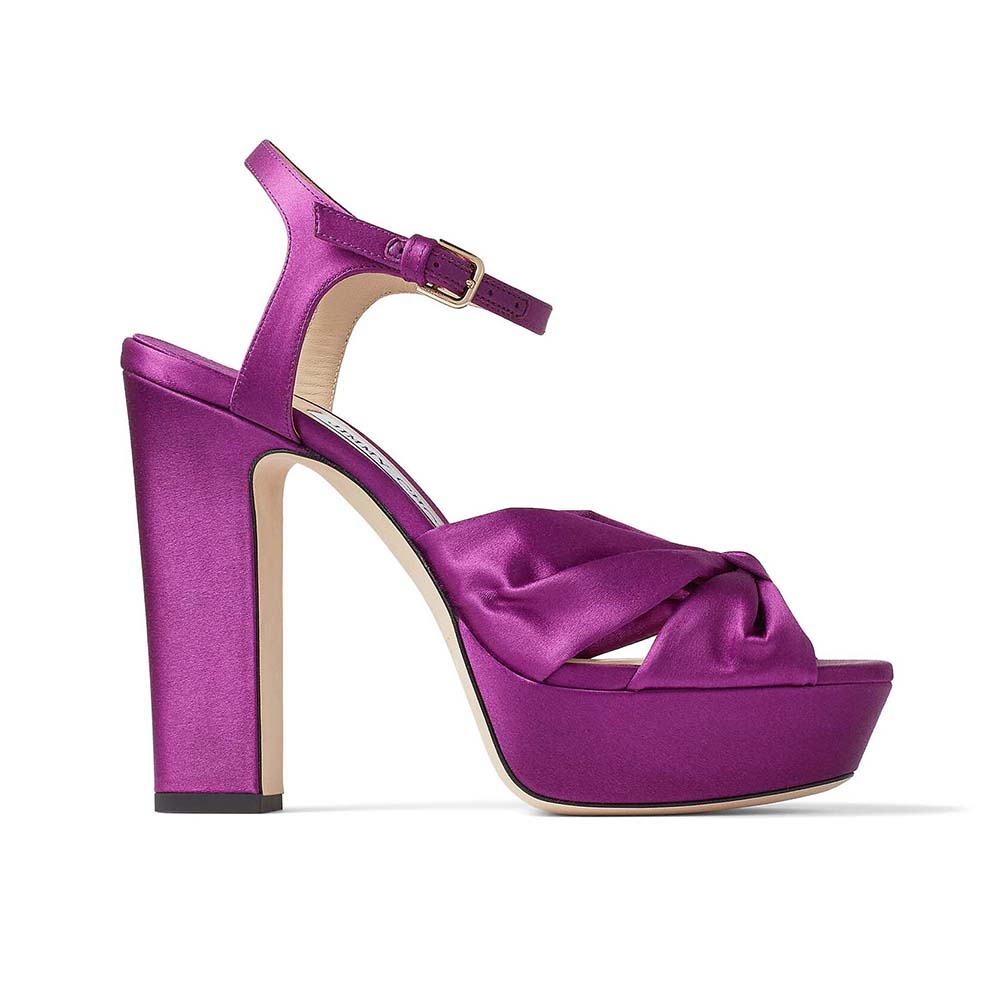 Front angle of Jimmy Choo Women Heloise 120 Pink Violet Satin Platform Sandals