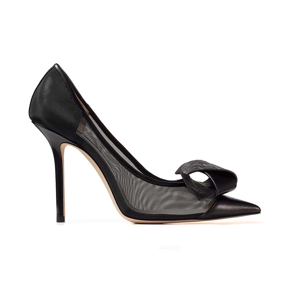 Side view of Jimmy Choo Women Lani 100 Black Mesh Pumps with leather bow
