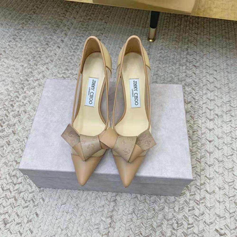 Close-up of caramel leather bow detail on Jimmy Choo Women Lani 100 Pumps