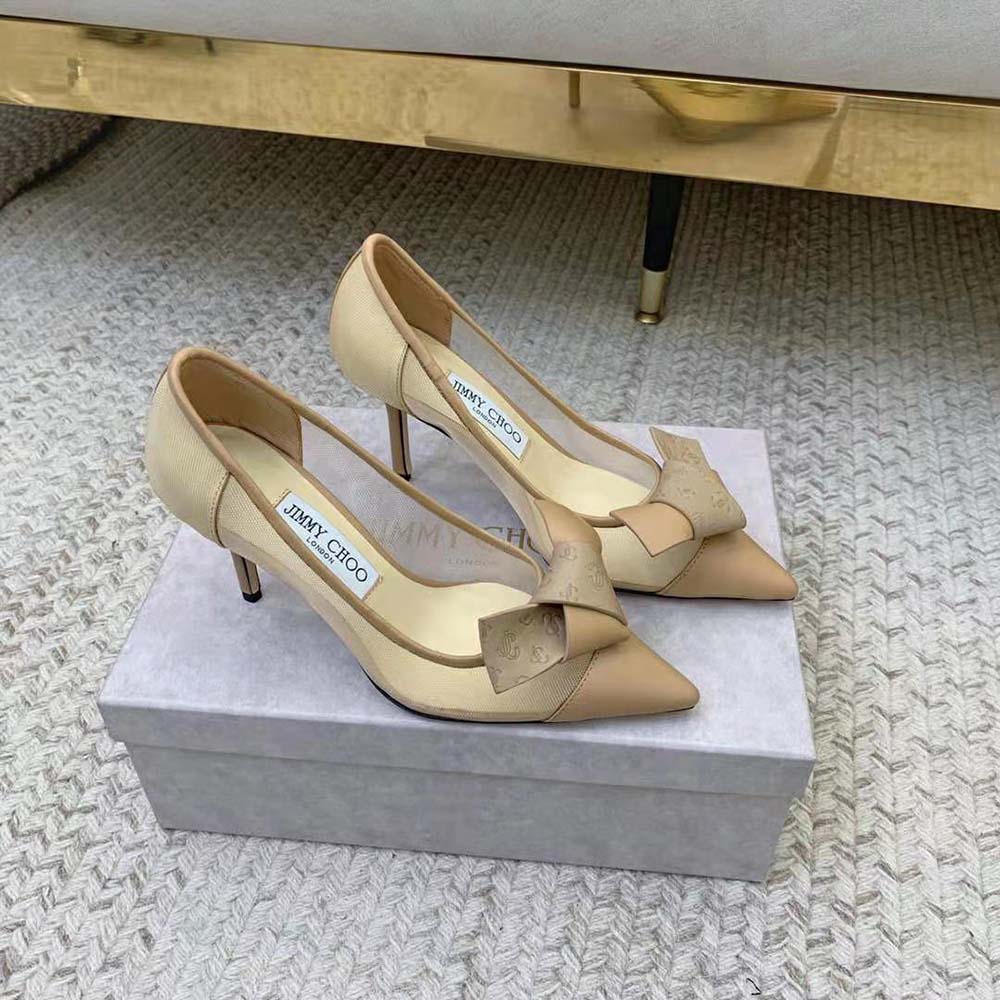 Rear angle showing 100mm heel on Jimmy Choo Women Lani 100 Caramel Mesh Pumps