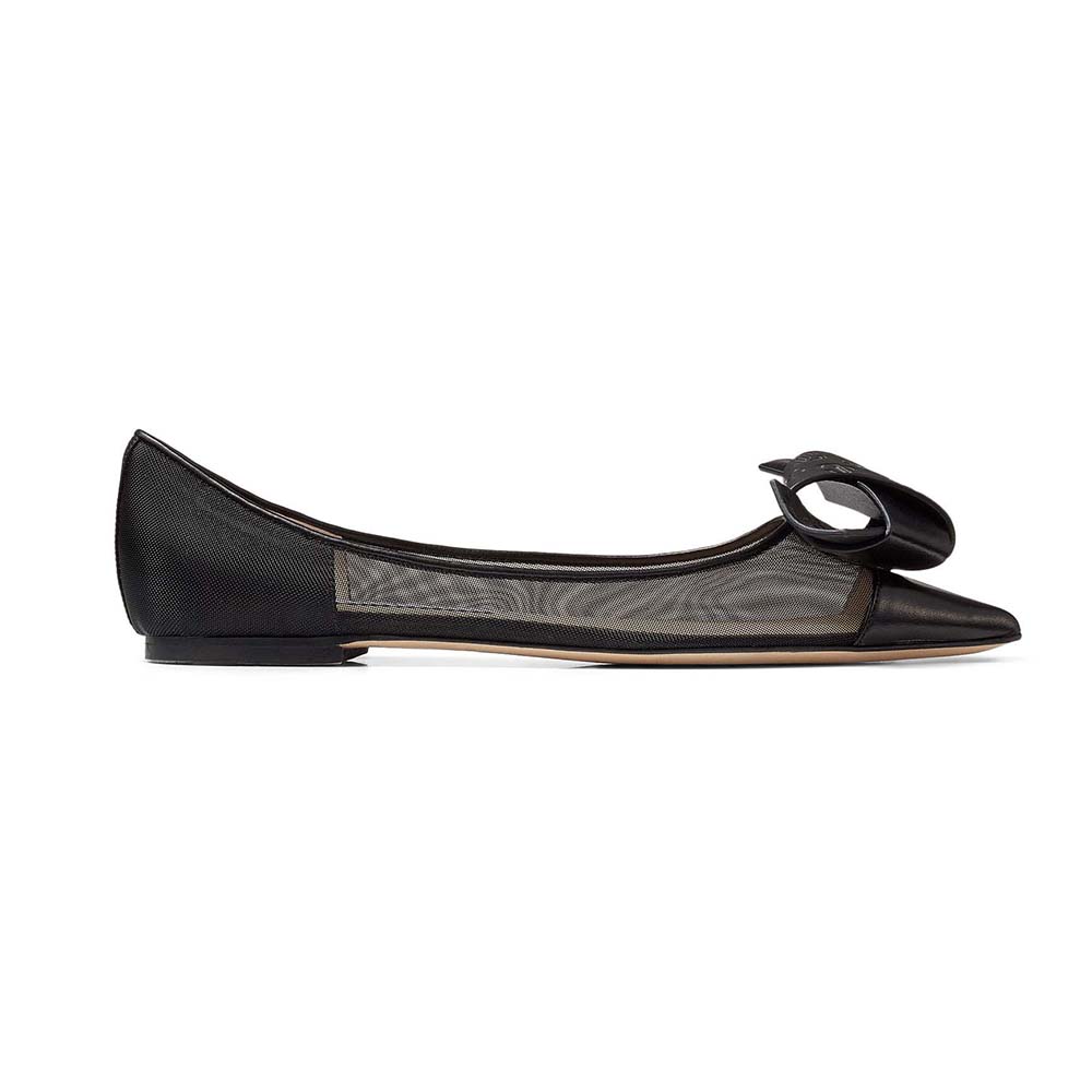 Side view of Jimmy Choo Women Lani Flat Black Mesh Flats with JC Monogram Bow