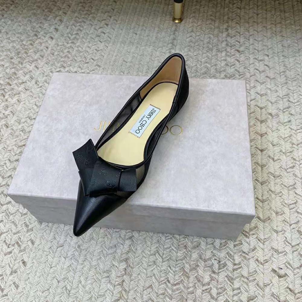 Jimmy Choo Women Lani Flat Black Mesh Flats with JC Monogram Leather Bow - image 5