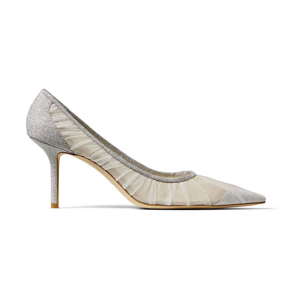 Side view of Jimmy Choo Women Love 65 Metallic Silver Glitter Fabric Pumps