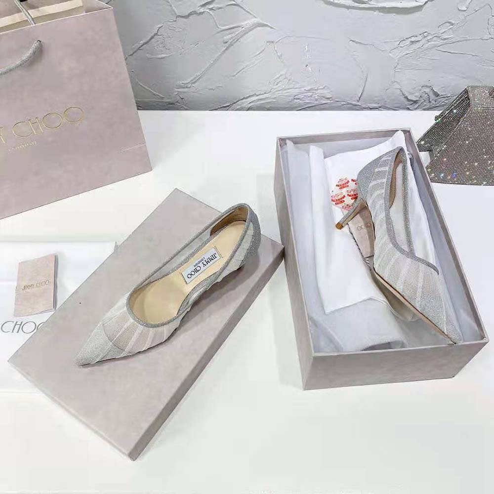 Jimmy Choo Women Love 65 Metallic Silver Glitter Fabric Pumps - image 7