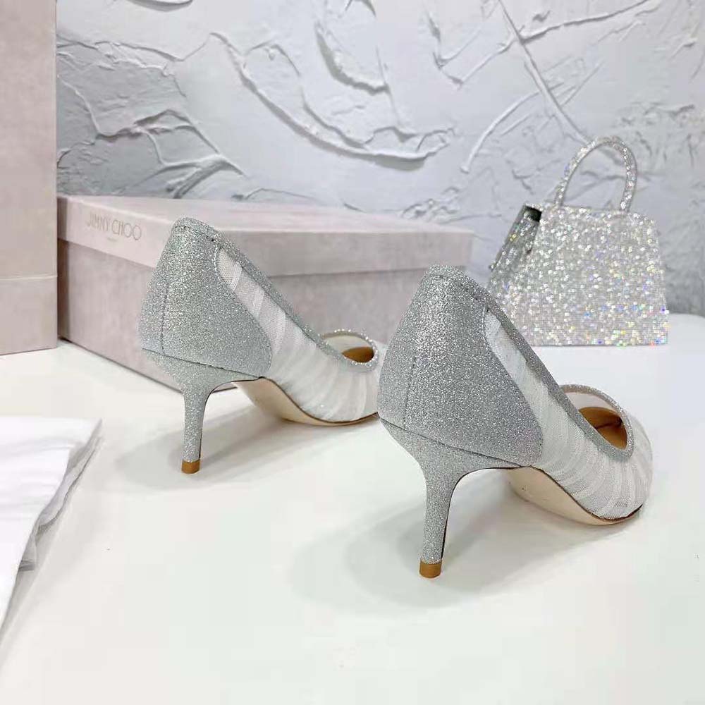 Jimmy Choo Women Love 65 Metallic Silver Glitter Fabric Pumps - image 9