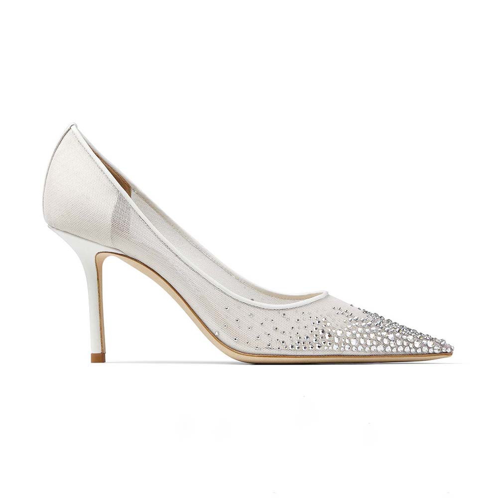 Side profile of Jimmy Choo Women Love 85 White Mesh Pointed-Toe Pumps with crystals