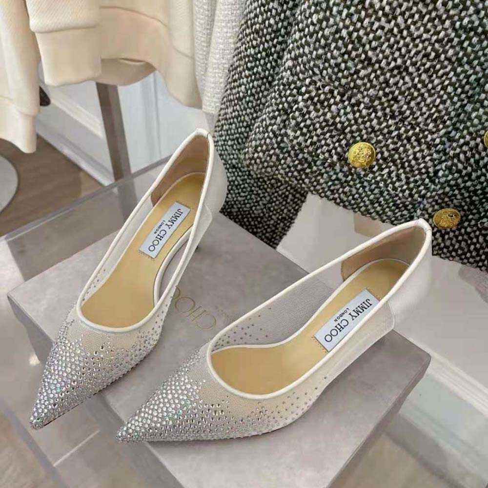 Close-up of degrade crystal embellishments on Jimmy Choo Women Love 85 pumps
