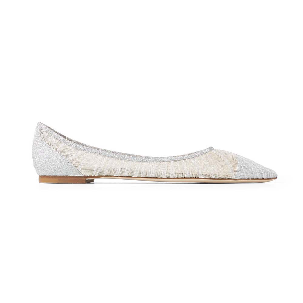 Jimmy Choo Women Love Flat Metallic Silver Glitter Fabric Flats side profile view