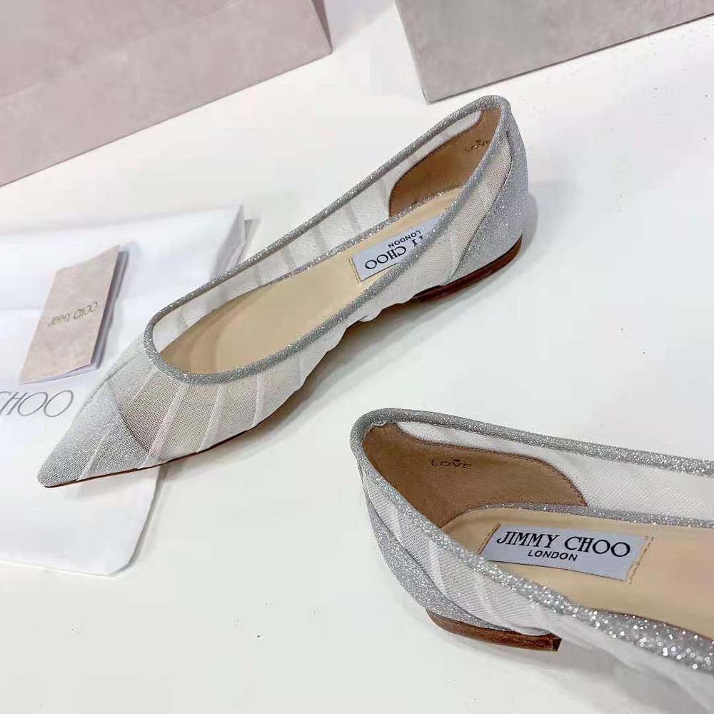 Jimmy Choo Women Love Flat Metallic Silver Glitter Fabric Flats - image 9