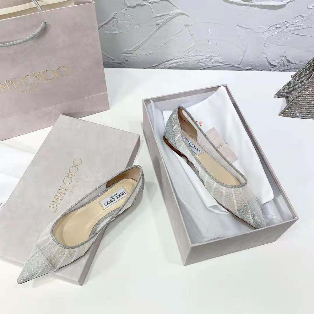 Jimmy Choo Women Love Flat Metallic Silver Glitter Fabric Flats - image 6