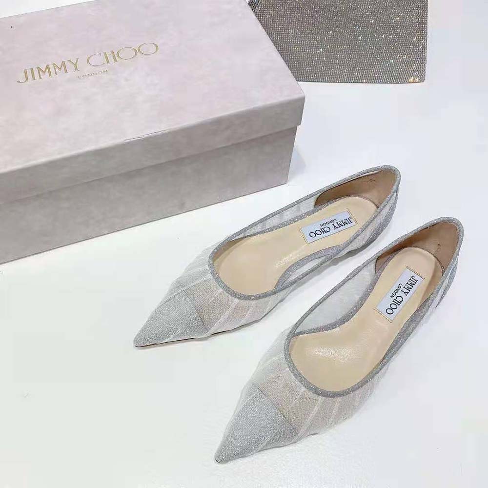 Jimmy Choo Women Love Flat Metallic Silver Glitter Fabric Flats - image 4