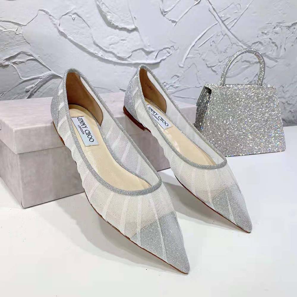 Jimmy Choo Women Love Flat Metallic Silver Glitter Fabric Flats - image 5