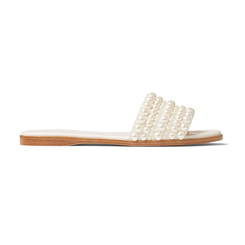 Front angled view of Jimmy Choo Women Minea Flat White Satin Flats with pearls