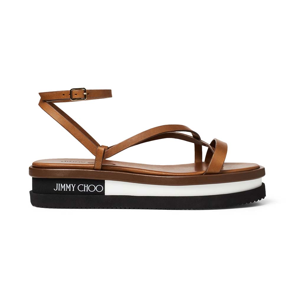 Side view of Jimmy Choo Women Pine Flat Cuoio Vachetta Leather Platform Sandals