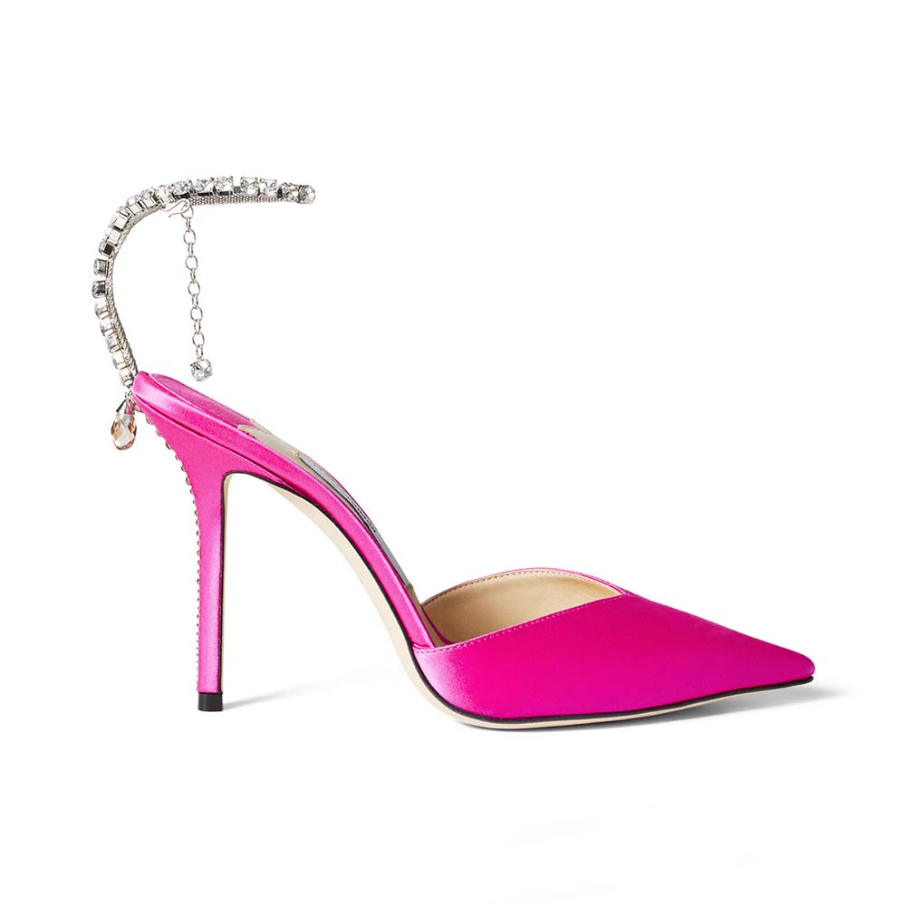 Side profile of Jimmy Choo Women Saeda 100 Fuchsia Satin Pumps with crystal detail