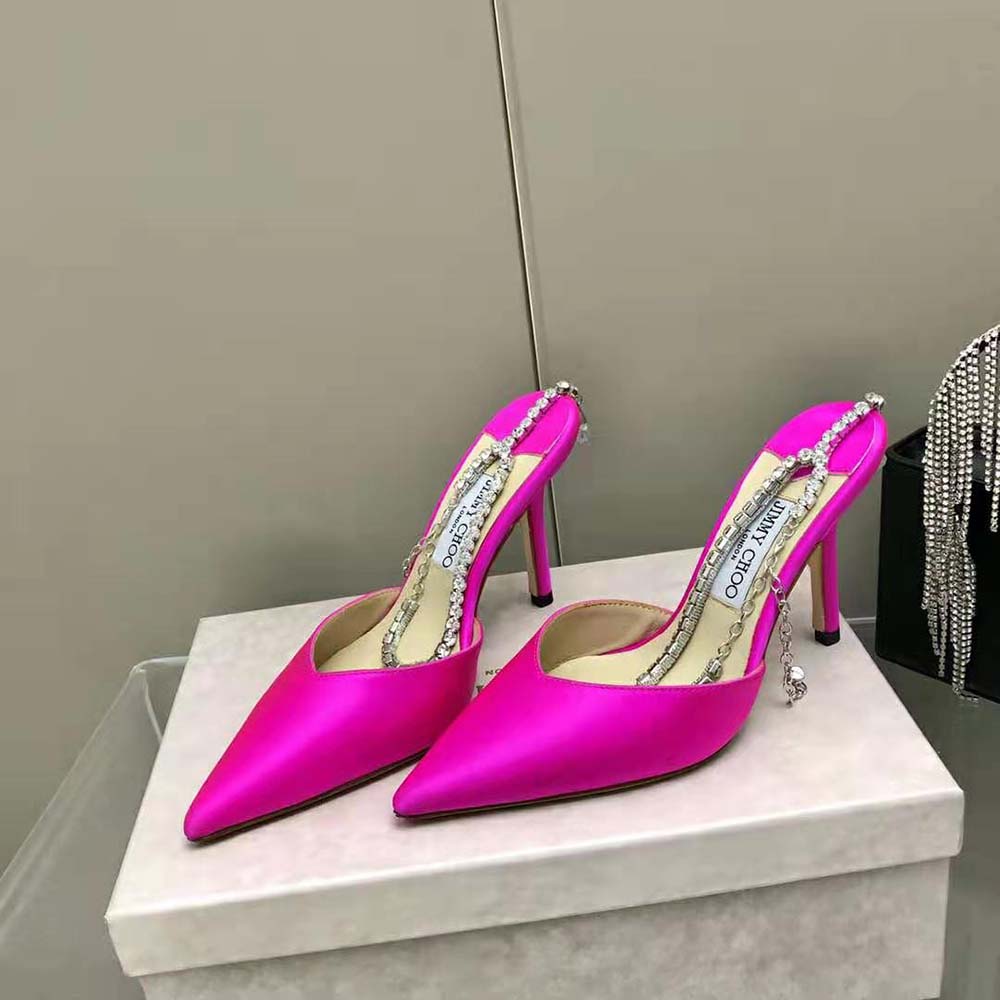 Rear view showing stiletto heel on Jimmy Choo Women Saeda 100 pumps