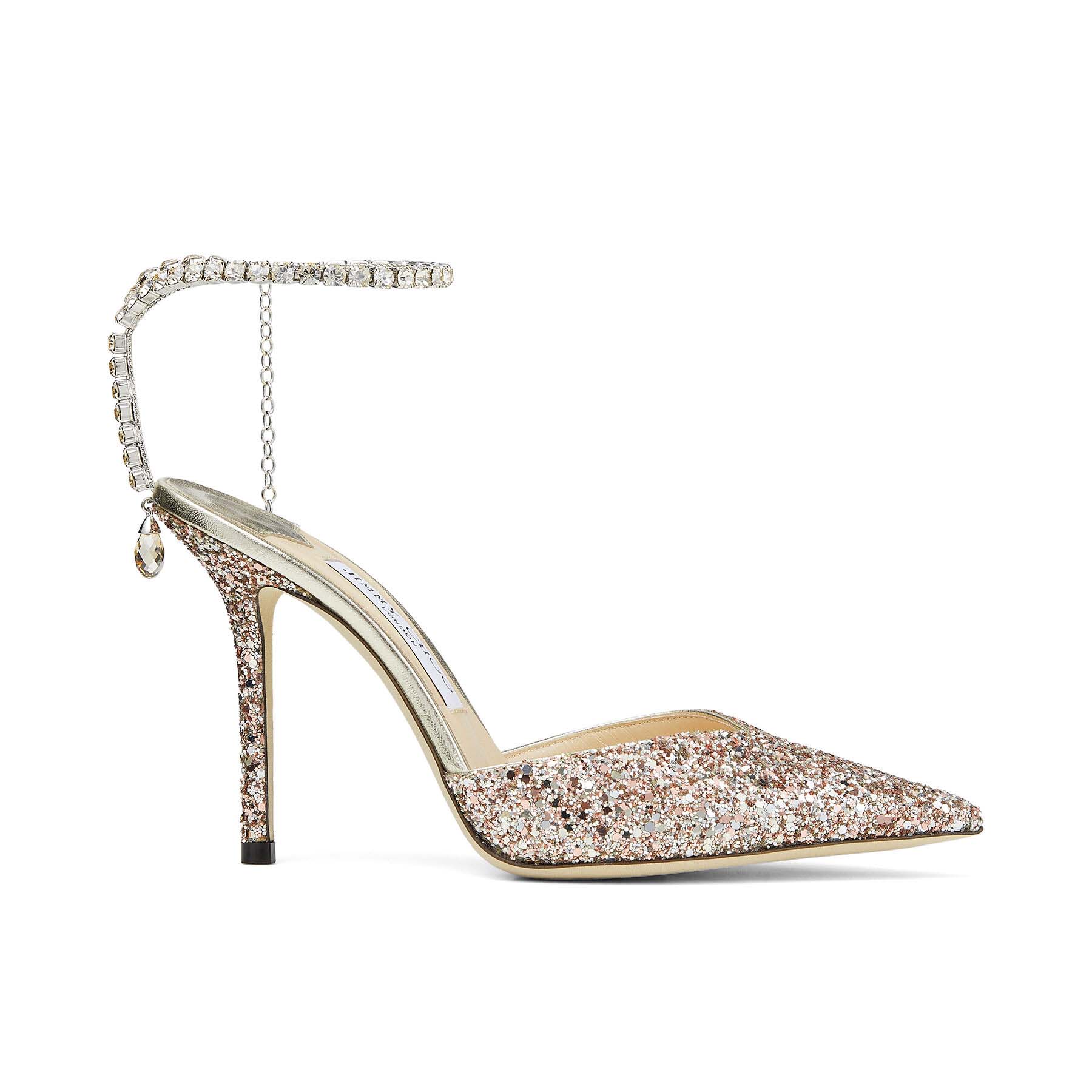 Front angle view of Jimmy Choo Women Saeda 100 Rose Coarse Glitter Fabric Pumps