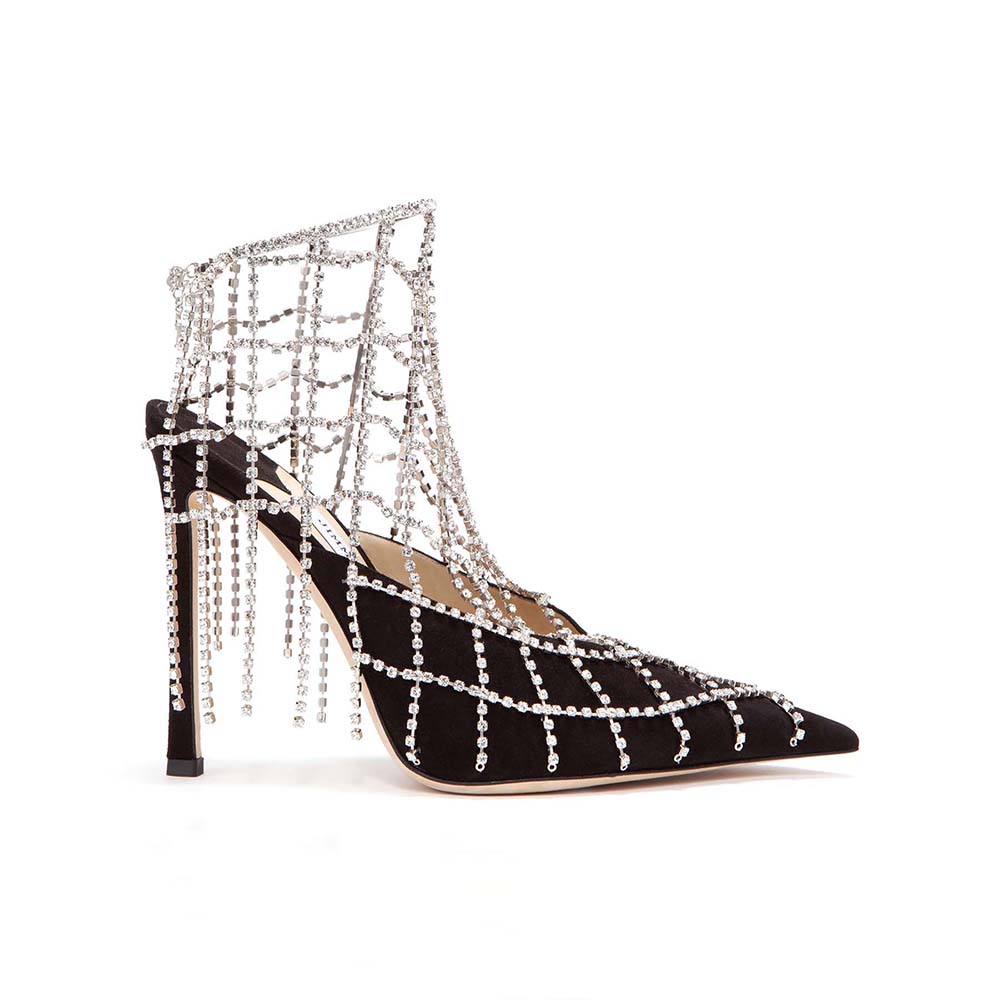 Side view of Jimmy Choo Women Scotty 110 Black Suede Mules with crystal chains