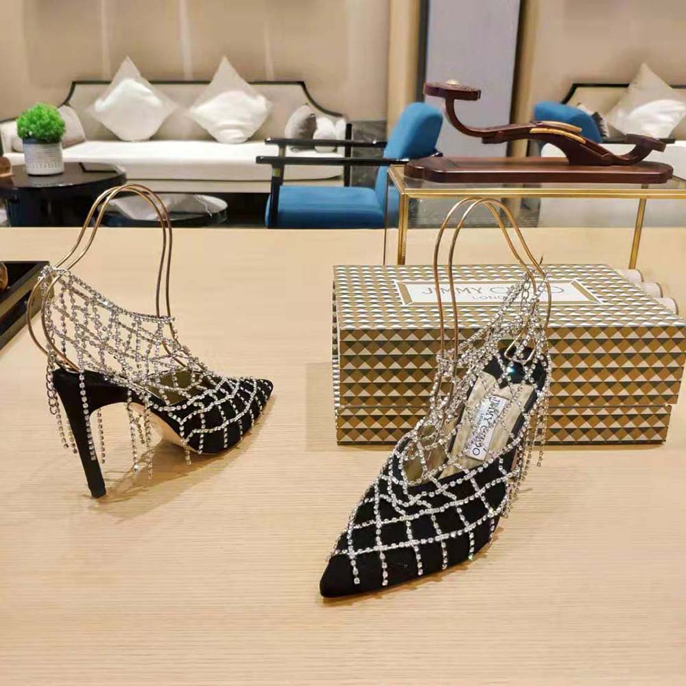 Jimmy Choo Women Scotty 110 Black Suede Mules with Crystal Chains - image 6