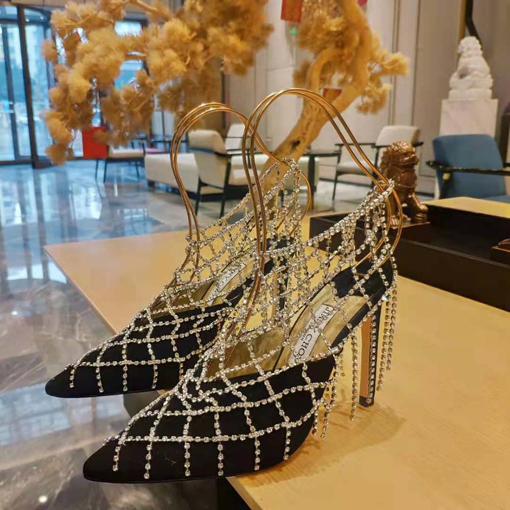 Jimmy Choo Women Scotty 110 Black Suede Mules with Crystal Chains - image 8