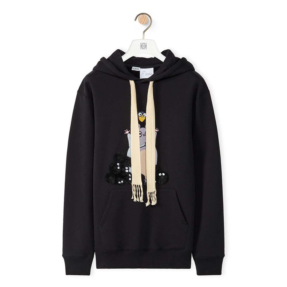 Front view of Loewe Women Bo Mouse Embroidered Hoodie in Cotton-Black