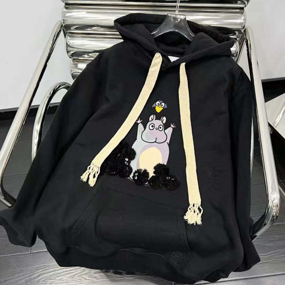 Close-up of Bo Mouse embroidery on Loewe Women Hoodie in black