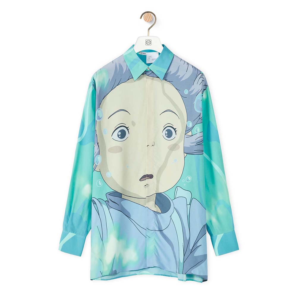 Front view of Loewe Women Chihiro Shirt in Cotton-Lime showing relaxed fit