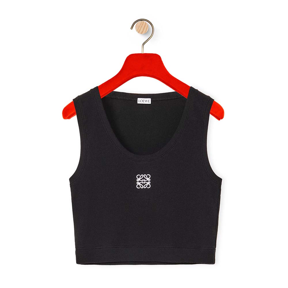 Front view of Loewe Women Cropped Anagram Tank Top in Cotton-Black
