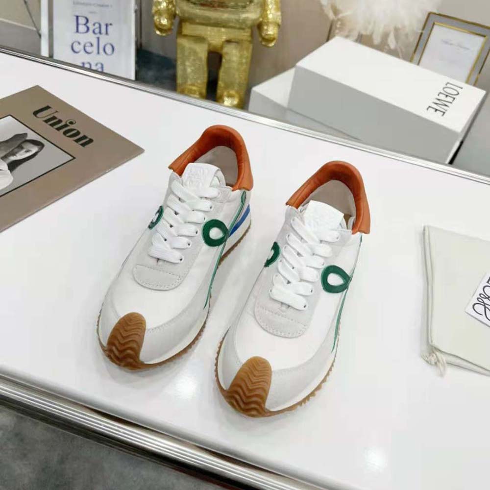 Close-up of green calfskin detail on Loewe Women Flow Runner sneaker