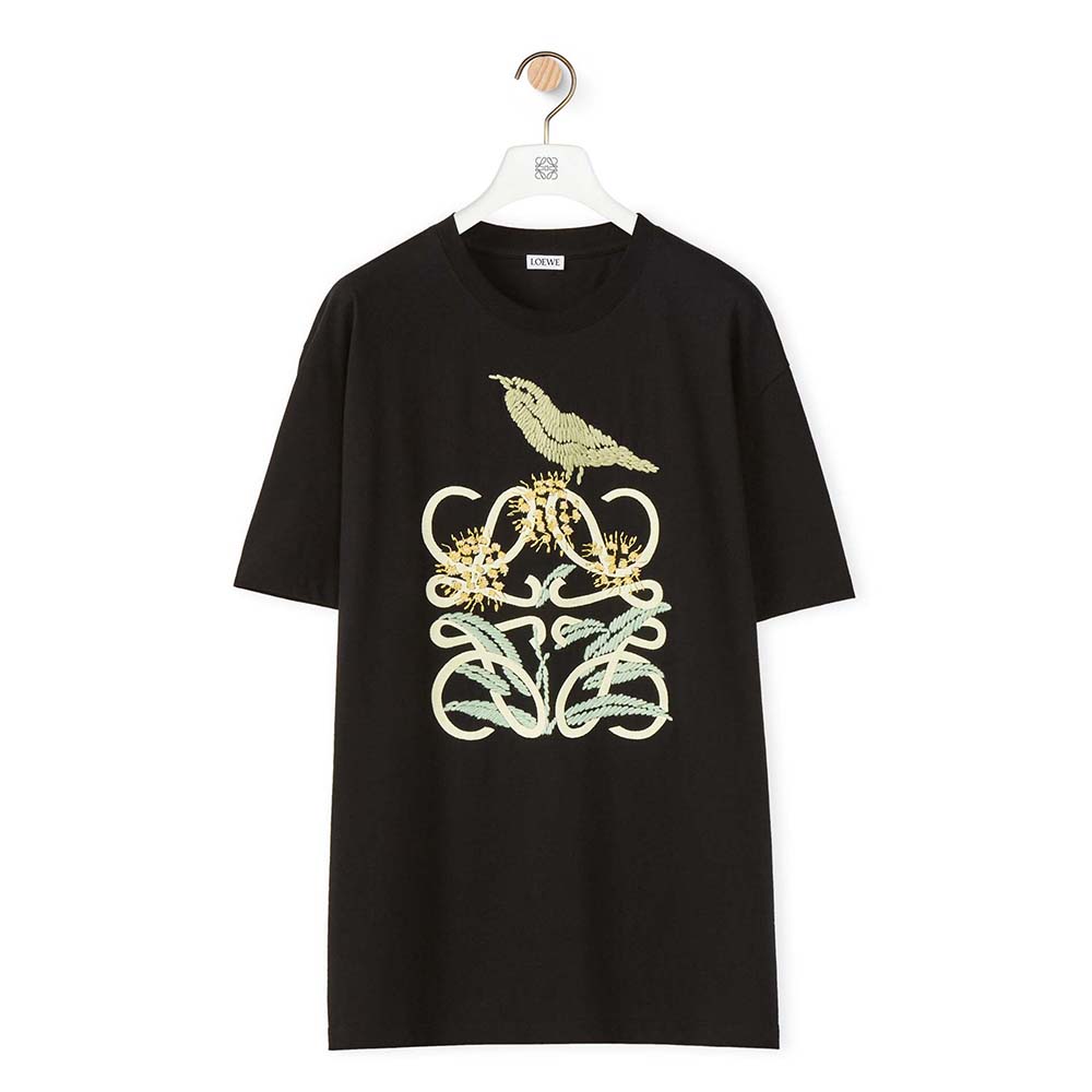 Front view of Loewe Women Herbarium Anagram T-shirt in Cotton-Black