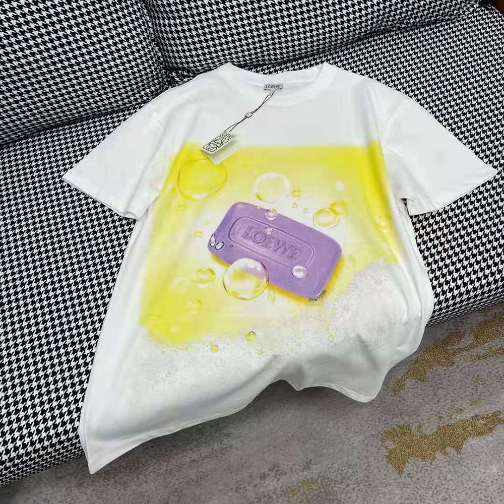 Close-up of Loewe embossed logo on Cotton-White T-shirt