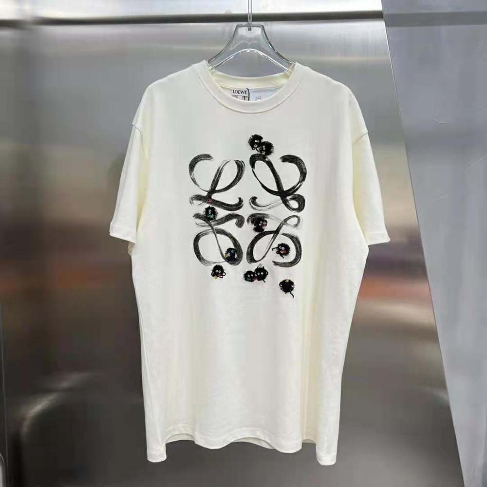 Close-up of embroidered Anagram detail on beige Loewe t-shirt