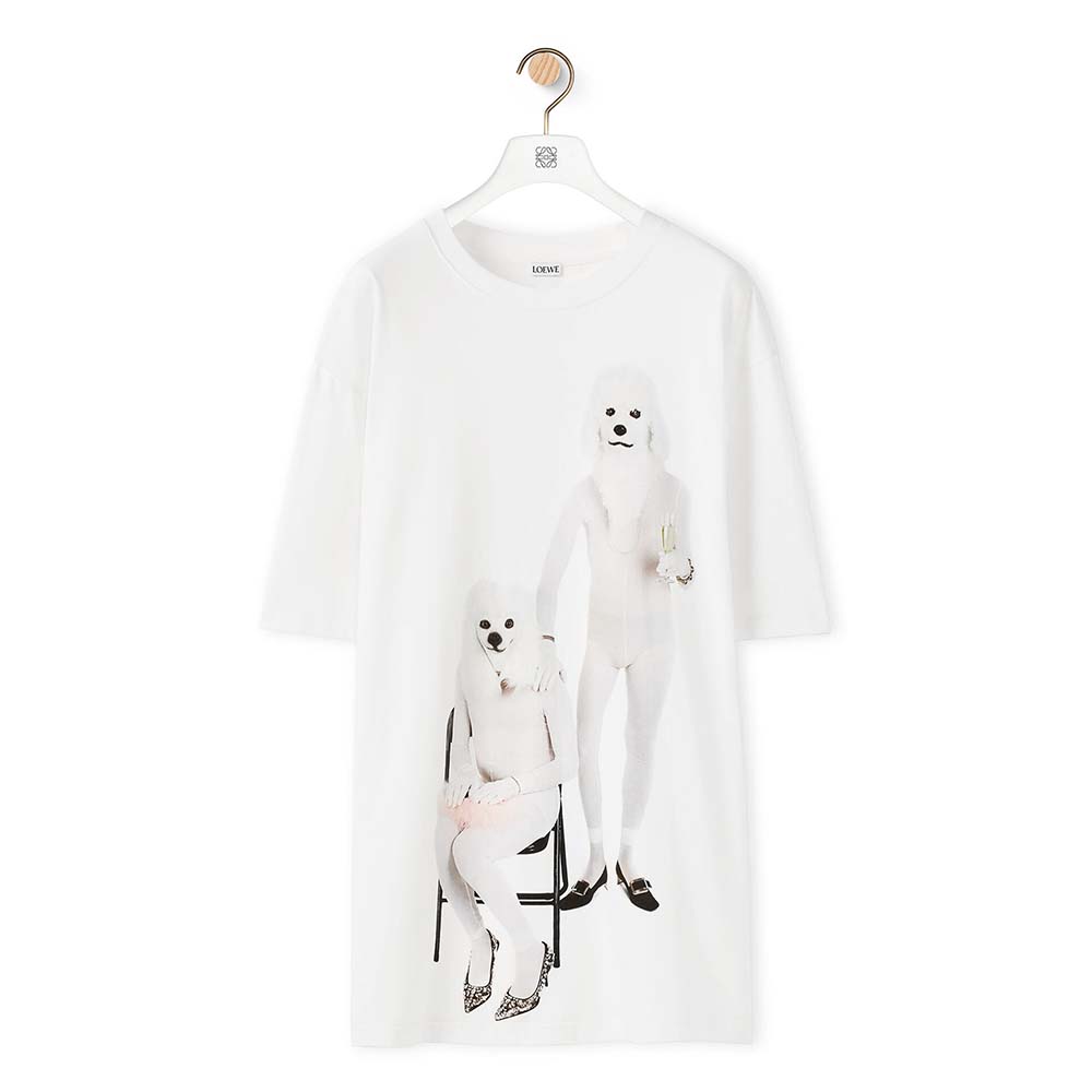 Front view Loewe Men Twin Dog Print T-shirt in Cotton-White