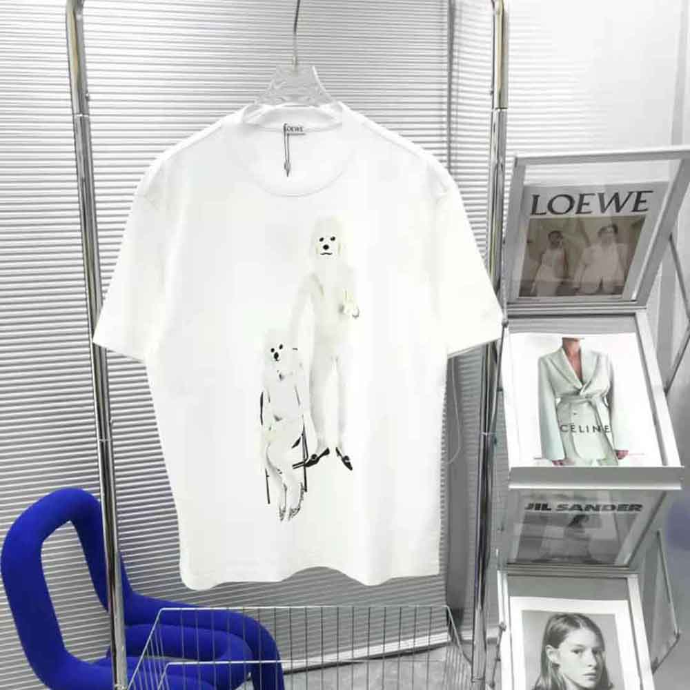 Close-up of Loewe twin dog print on white cotton T-shirt