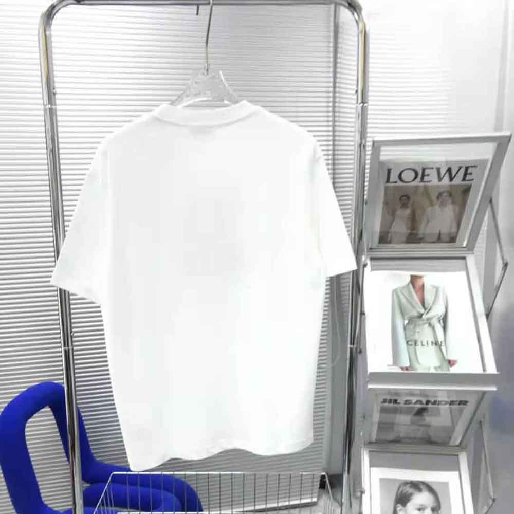 Side angle showing fit and texture of Loewe Men Twin Dog Print T-shirt