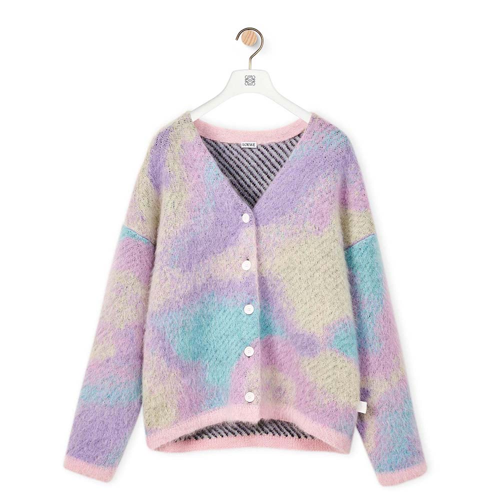 Front view of Loewe Women Unicorn Jacquard Cardigan in Mohair-Purple