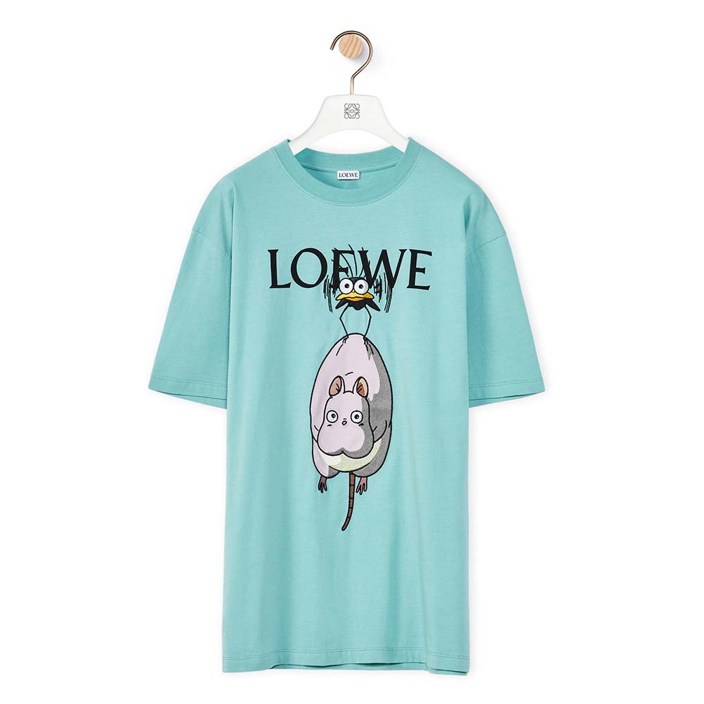 Front view of Loewe Men Yu-Bird T-shirt in Cotton-Lime with Yu-Bird graphic