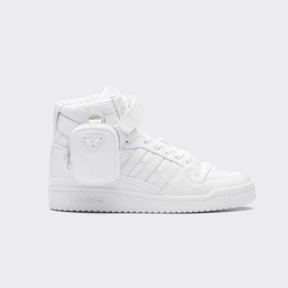 Side view of Prada Women Adidas for Prada Re-Nylon Forum High-Top Sneakers-White