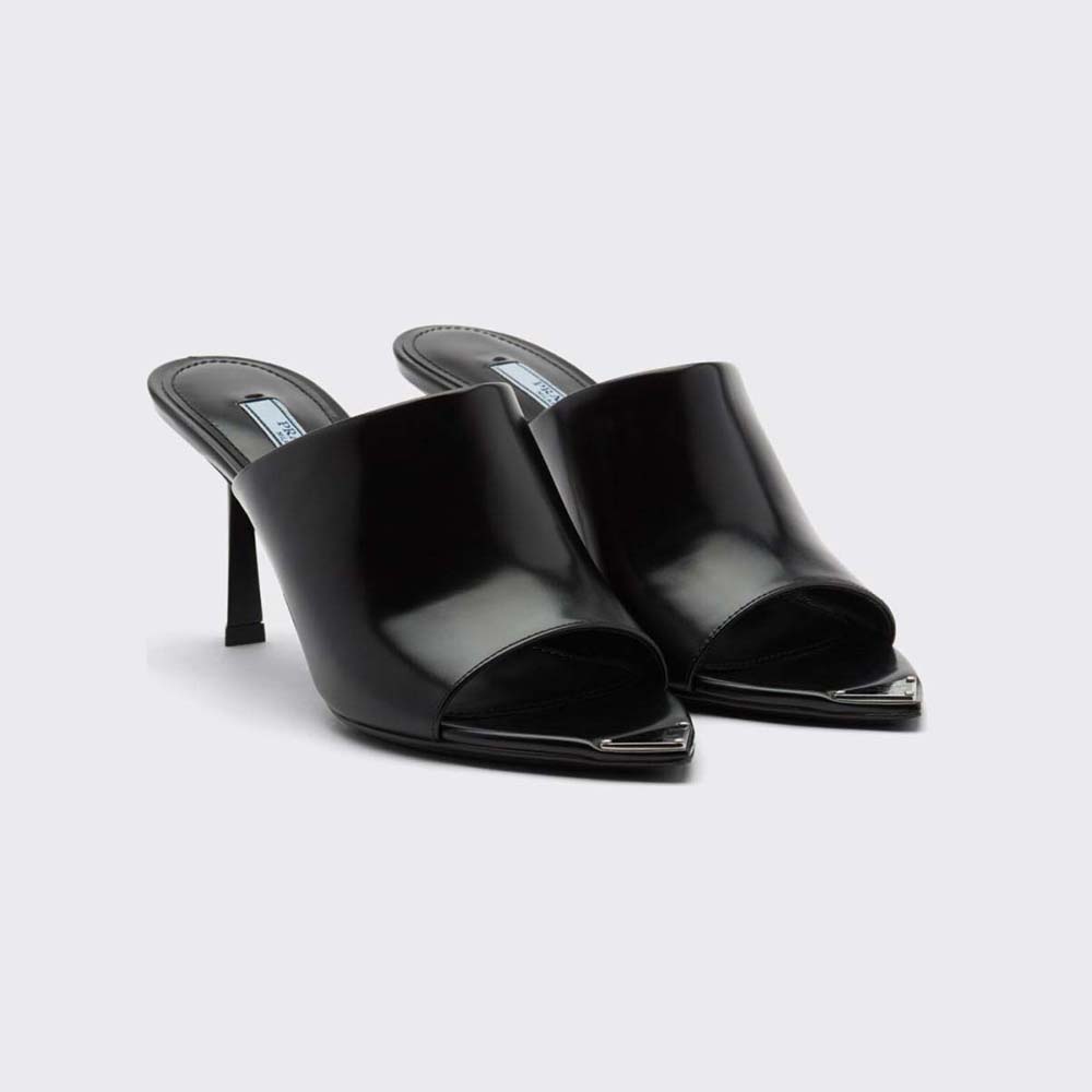 Side profile of Prada Women Brushed Leather High-Heel Slides 75mm heel