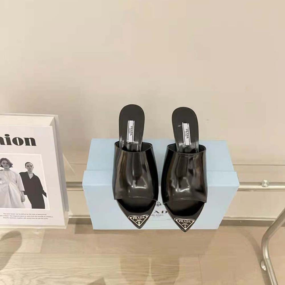 Close-up of brushed leather texture on Prada Women High-Heel Slides