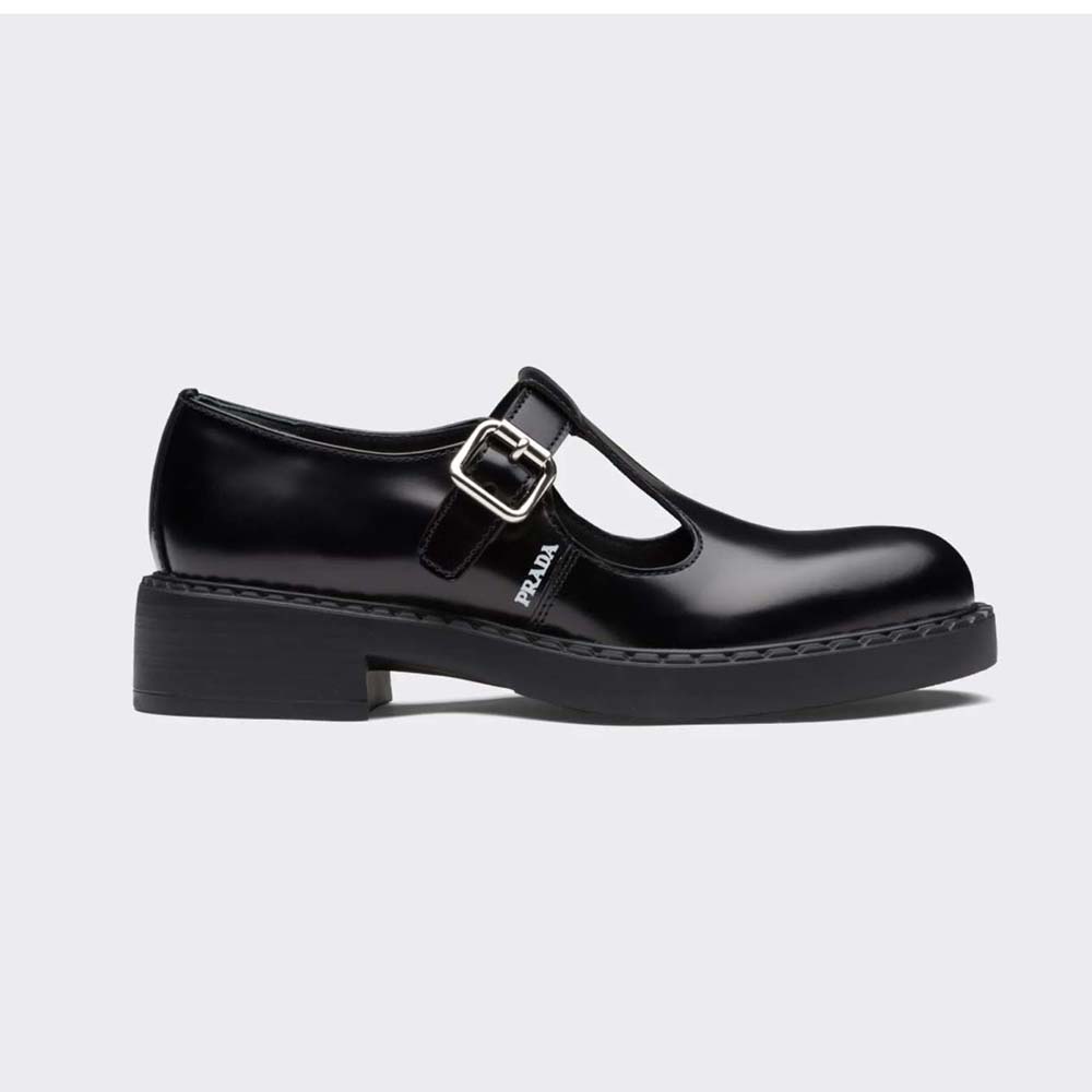 Side view of Prada Women Brushed-Leather Mary Jane T-strap Shoes Black