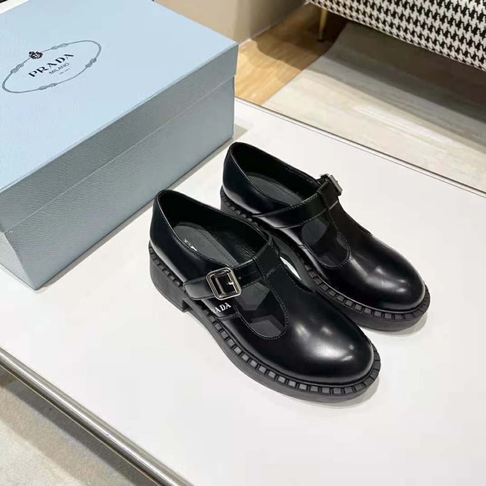 Top angle showing buckle detail on Prada Women Mary Jane T-strap shoes