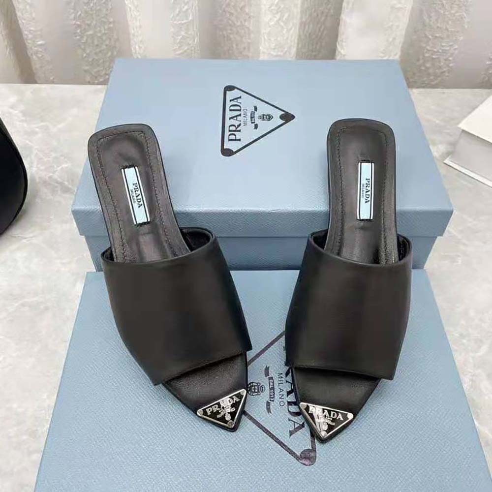 Top view showing open-toe silhouette of Prada Women Brushed Leather Slides
