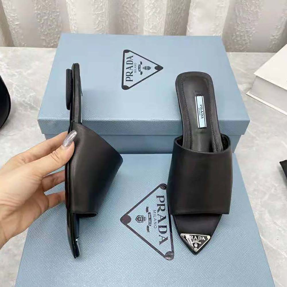 Prada Women Brushed Leather Slides with a Modernist Line Feature an Unexpected - image 9