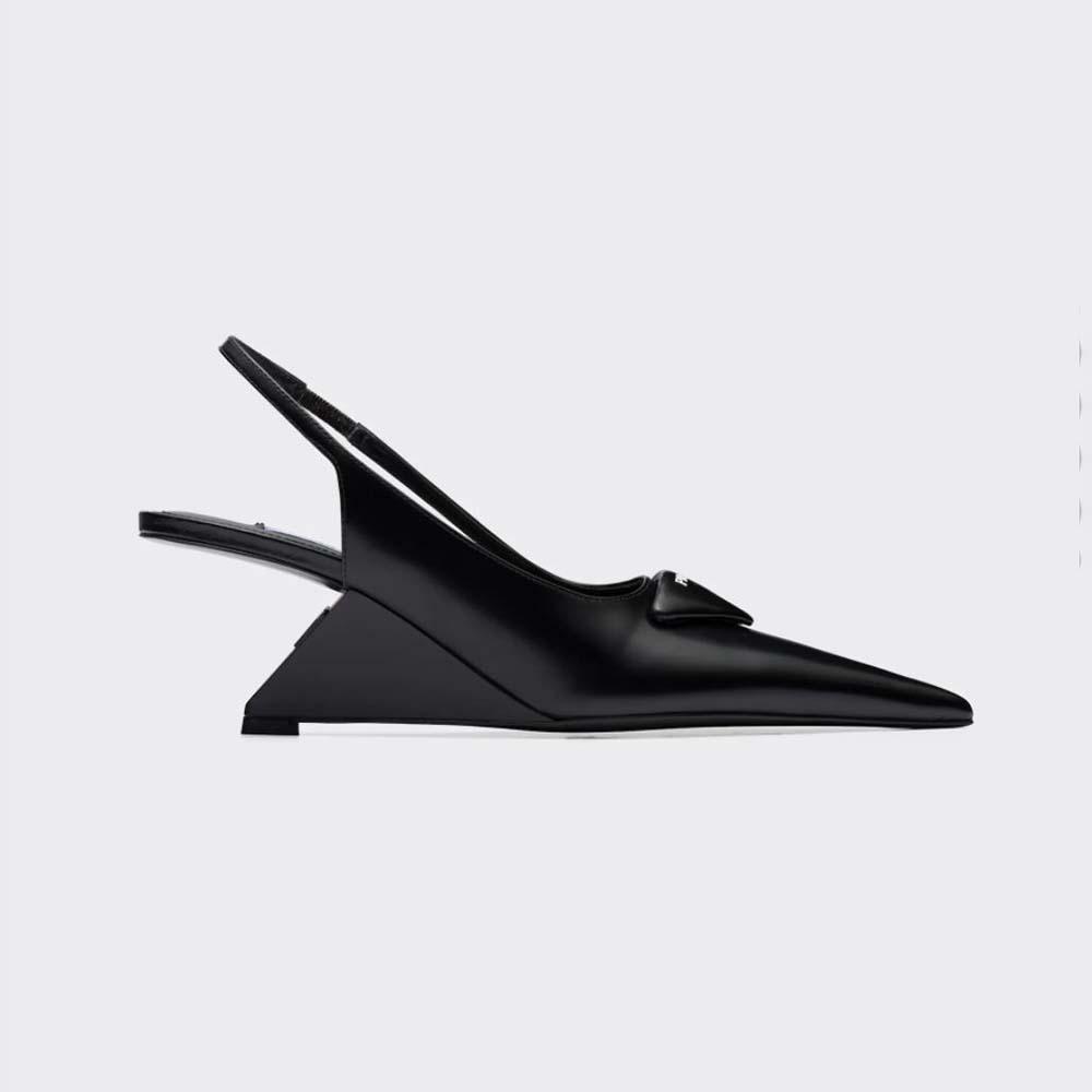 Side view of Prada Women Brushed Leather Slingback Pumps in 65mm Heel-Black