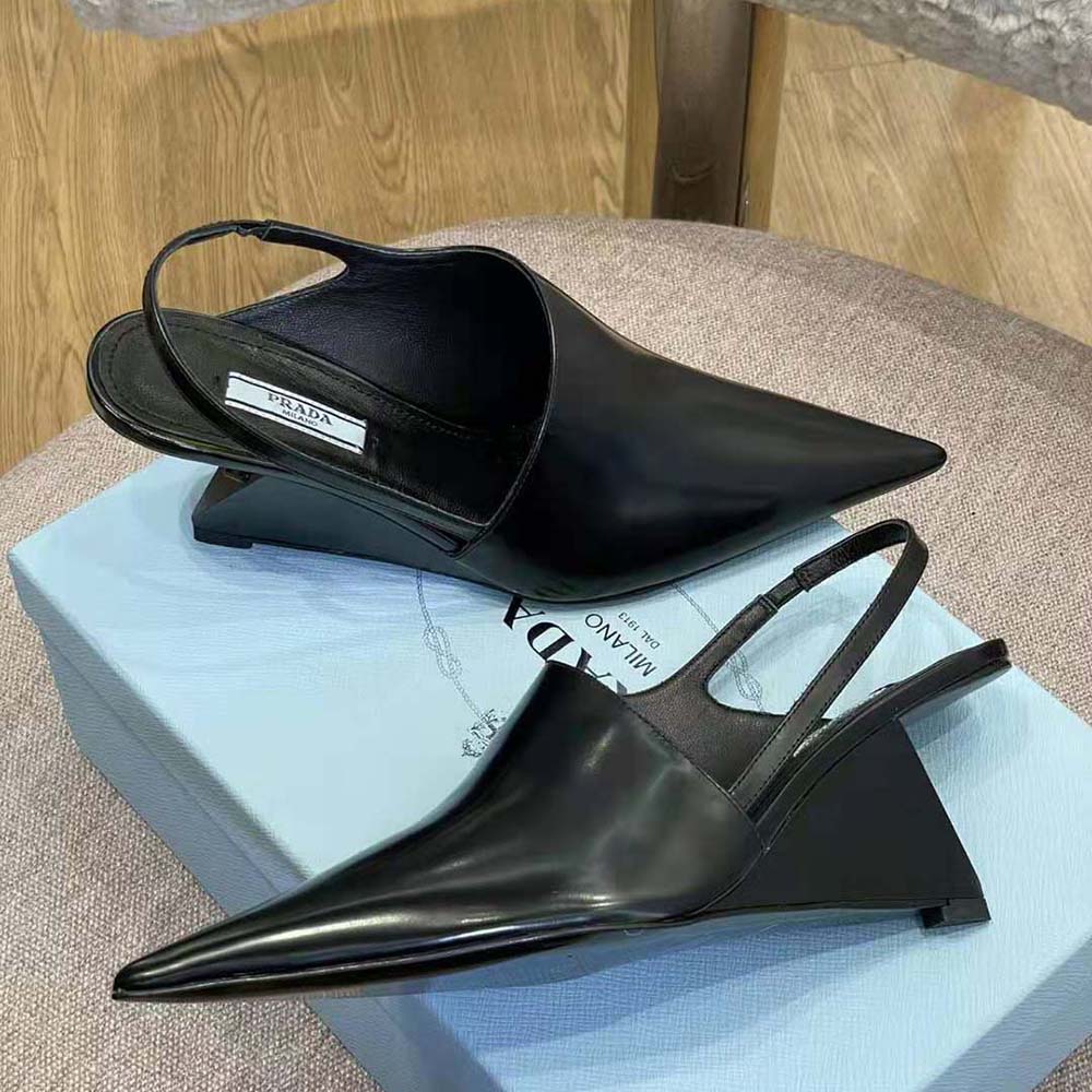 Prada Women Brushed Leather Slingback Pumps in 65mm Heel Height-Black - image 5