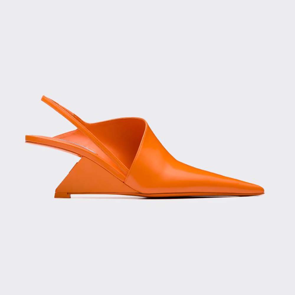 Side profile of Prada Women Brushed Leather Slingback Pumps in orange